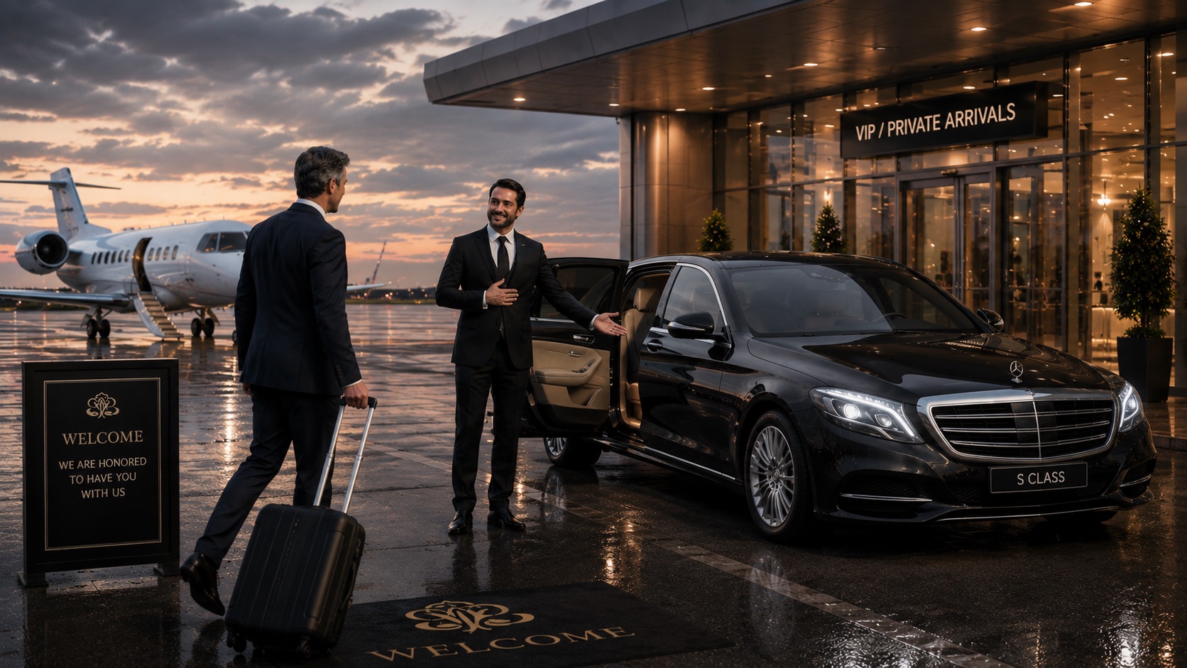 A black Mercedes S-Class waiting at a luxury Istanbul hotel entrance at night
