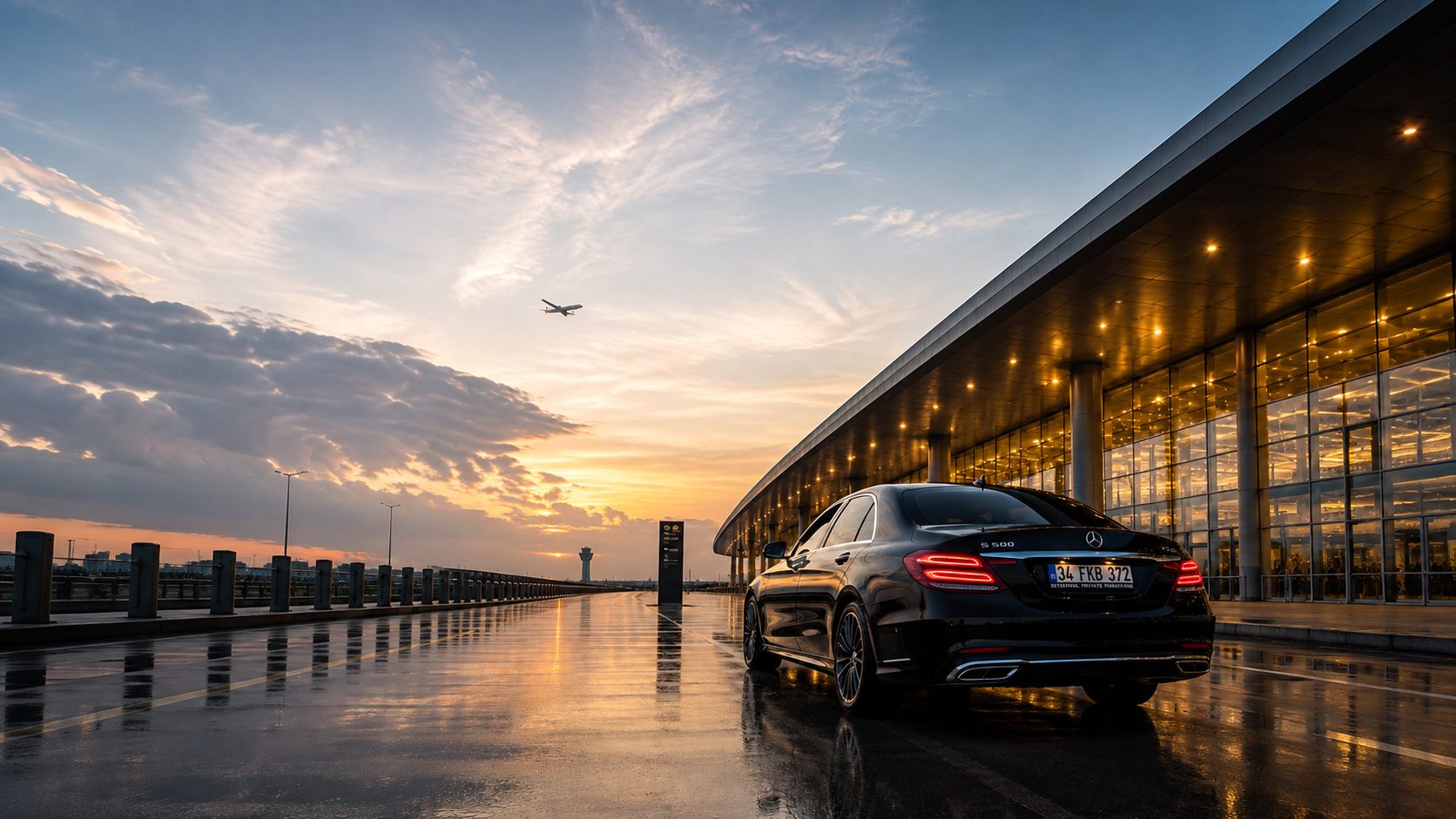 A black Mercedes S 500 parked outside the glass airport terminal at sunset, the wet forecourt mirroring the golden light as an aircraft takes off overhead