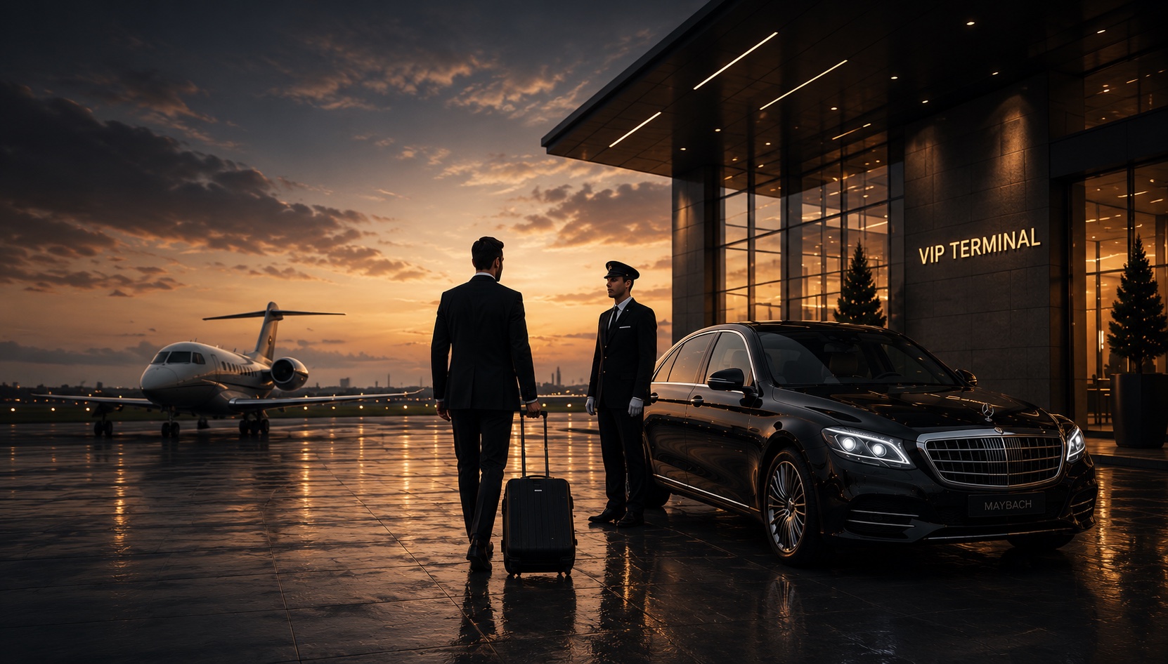 A chauffeur and a Mercedes-Maybach at a glowing VIP terminal at sunset