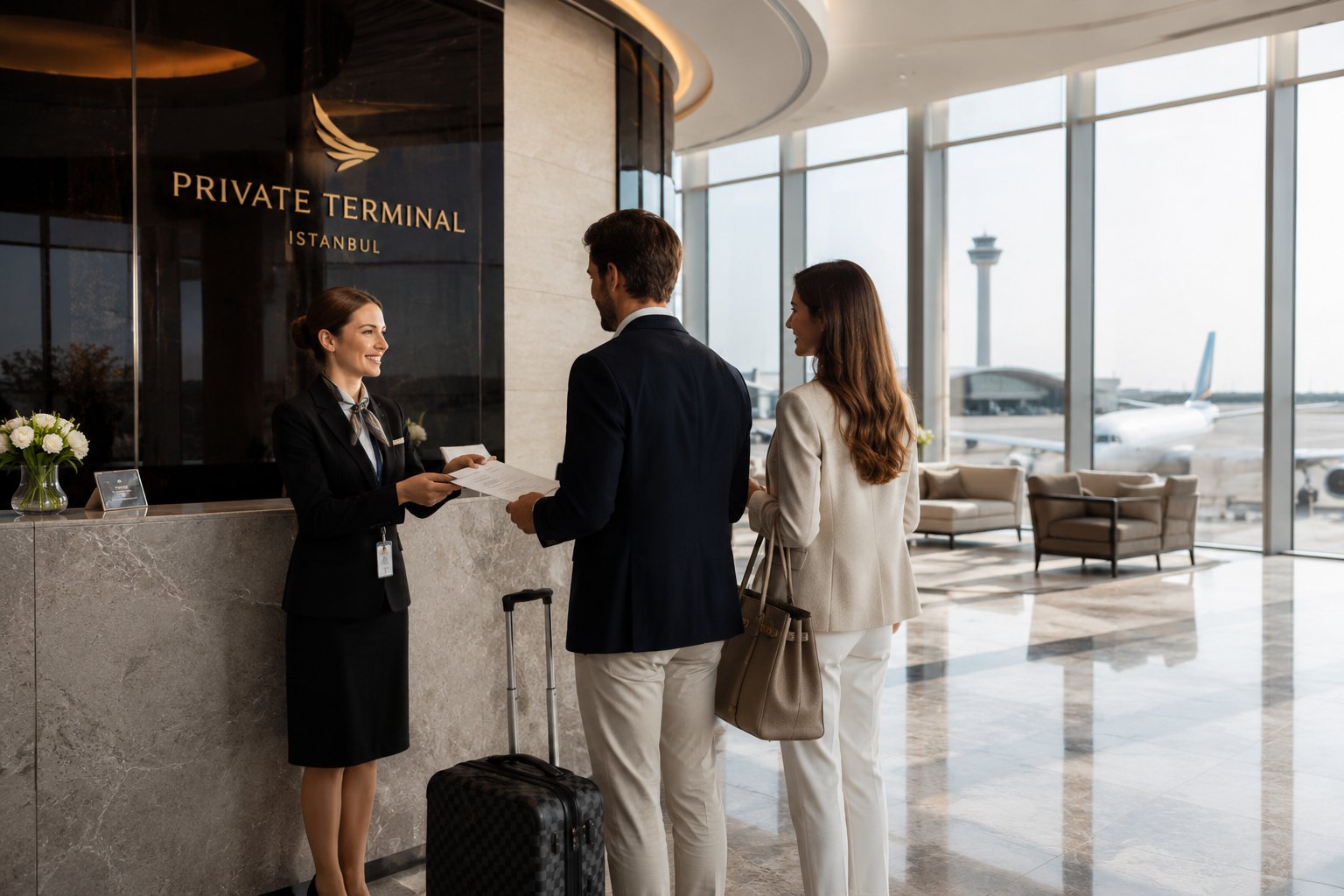 A private terminal assistant welcoming a couple at the Istanbul Airport meet and greet reception desk
