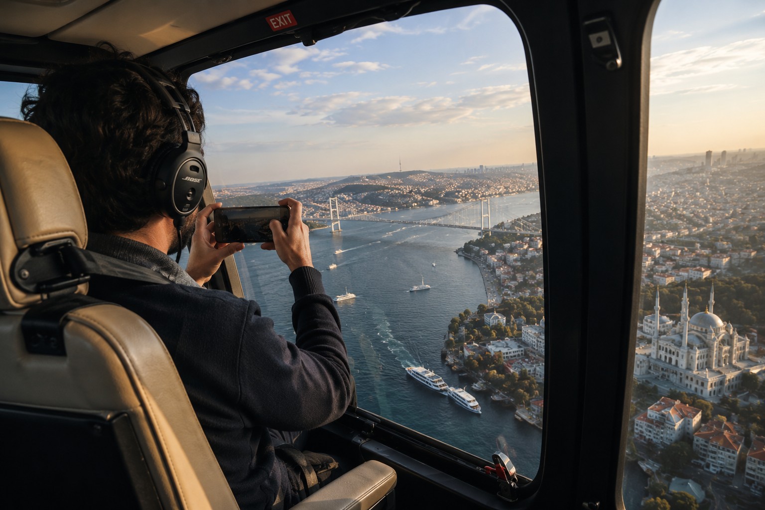 An aerial view of Istanbul and the Bosphorus Bridge at golden hour
