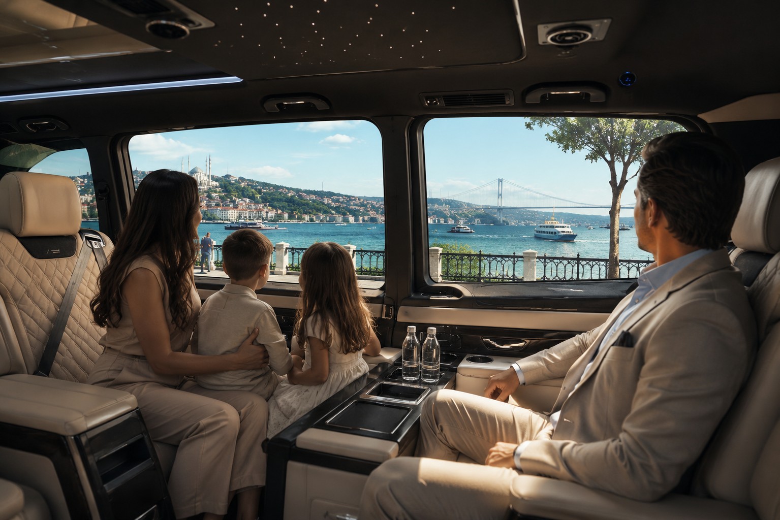 A family in a VIP Mercedes Vito looking out over the Bosphorus in Istanbul