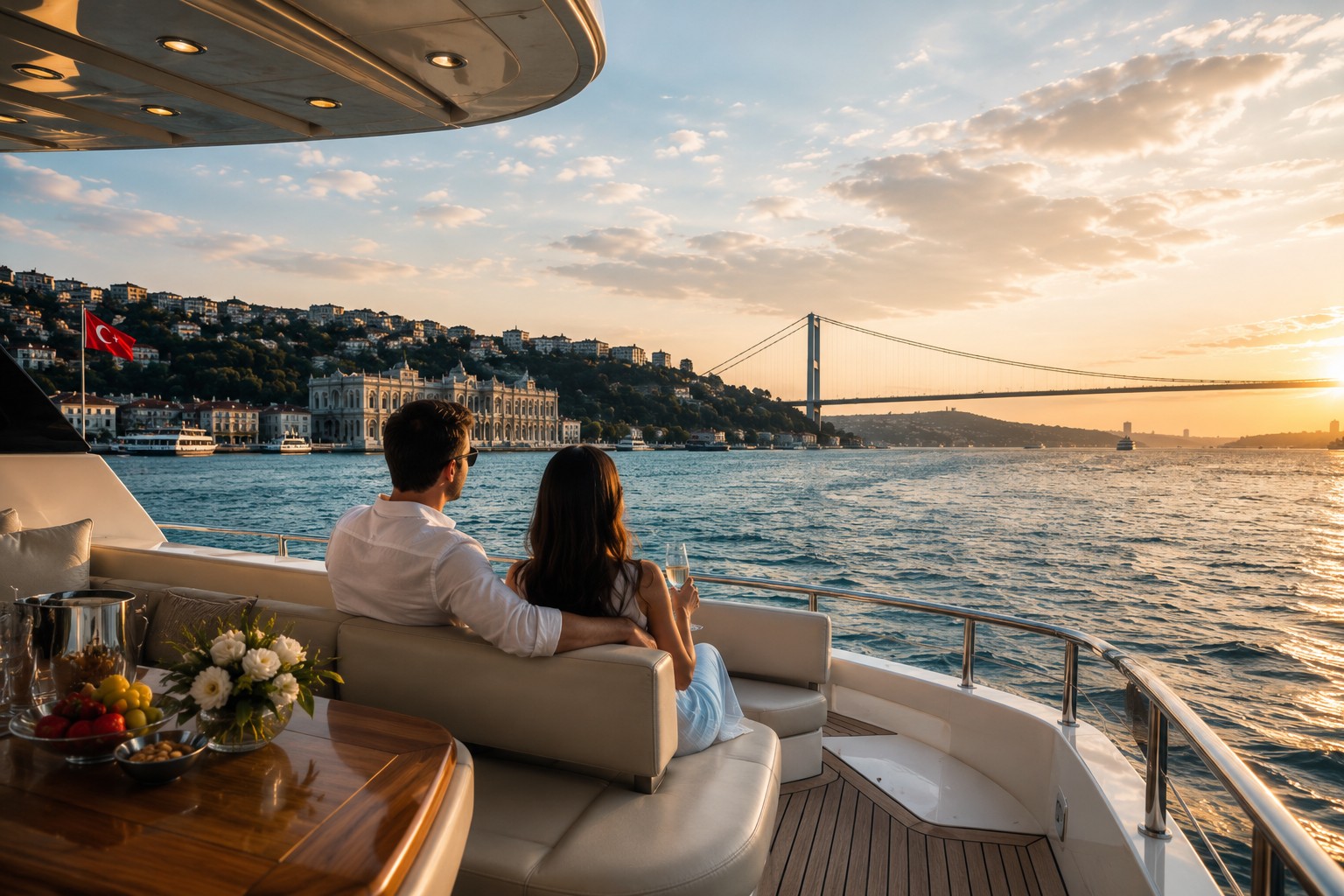 A luxury yacht on the Bosphorus at sunset in Istanbul